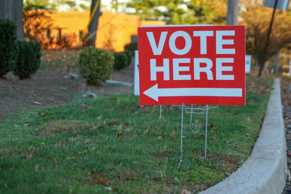 Red "Vote Here" sign with white text and arrow pointing left on green lawn next to curb